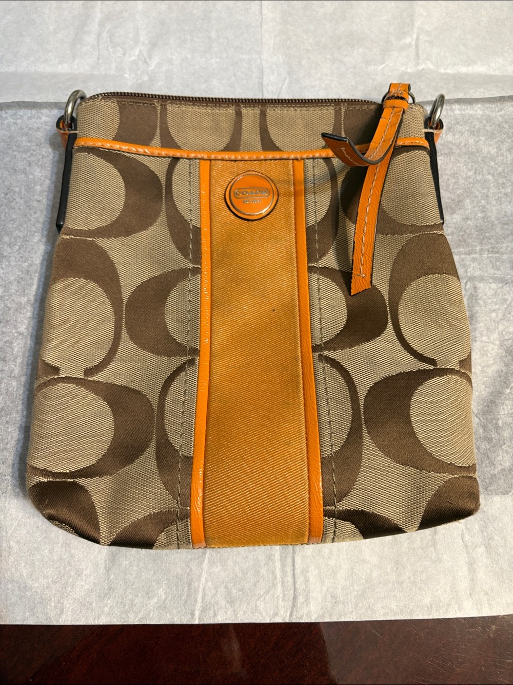 Coach Brown Signature Crossbody with Orange Trim
